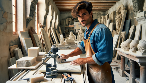 Una imagen horizontal de un atractivo cantero o de una atractiva cantera, trabajando en su taller donde crean lápidas tradicionales para nichos en las paredes funerarias. El taller debe tener detalles distintivos que sugieran que se trata de un taller de cantero en Vejer de la Frontera, Cádiz, España. Incluya equipos para cortar piedra, losas de mármol y polvo de piedra. Deberían existir lápidas en distintos estados de finalización, algunas con grabados y otras sencillas. Incluye la URL 'https://www.lapidascadiz.com/' de forma visible en la imagen.