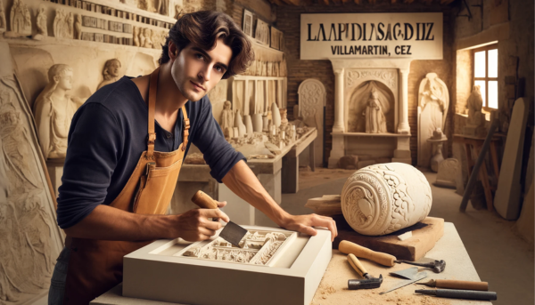 Una imagen horizontal de un atractivo cantero, hombre o mujer, trabajando en un taller, creando lápidas tradicionales de nicho de entierro en la pared. El taller se detalla con elementos que sugieren su ubicación en Villamartín, Cádiz. Se ven herramientas para tallar piedra y el entorno refleja un entorno tradicional de mampostería con polvo de piedra y cinceles. La imagen incluye la URL 'https://www.lapidascadiz.com/' que se muestra de forma destacada en la escena.