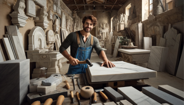 Un atractivo marmolista en su taller creando lápidas tradicionales montadas en la pared para nichos de cementerio. El taller debe contener diversas herramientas y equipos típicos de un taller de mármol, como cinceles, martillos y máquinas para cortar piedra. El trabajador debe vestir ropa informal apropiada para el trabajo y estar rodeado de losas de mármol y lápidas terminadas. El entorno debe evocar los talleres de mármol de Zahara de los Atunes, Cádiz, con elementos arquitectónicos y de diseño distintivos. Incorpora la URL 'https://www.lapidascadiz.com/' de forma visible en la imagen como parte del fondo, quizás en un letrero o decoración de pared. La imagen debe ser amplia para capturar todo el taller.