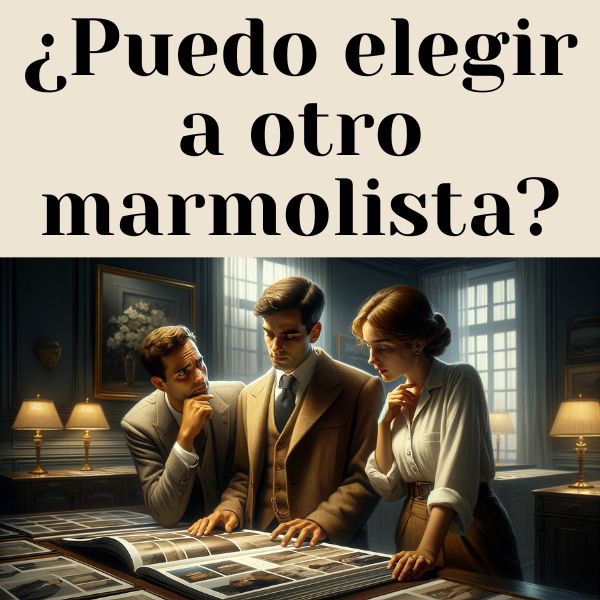 Una escena horizontal en primer plano donde un joven y atractivo matrimonio, de entre 30 y 40 años, está consultando un catálogo de lápidas con la asistencia de una atractiva marmolista profesional, también de unos 35 años. Los tres personajes reflejan una atmósfera de confianza y paz, evitando una expresión de tristeza extrema pero sin sonreír demasiado. La escena transmite una sensación de seriedad y contemplación. En la esquina de la imagen, de forma discreta, se incluye el texto: 'https://www.lapidascadiz.com/'. La vestimenta y el entorno sugieren profesionalidad y atención al detalle. La iluminación es suave y acogedora, contribuyendo a la atmósfera tranquila y positiva de la escena.