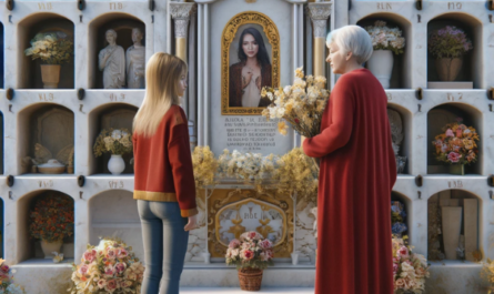 Una imagen cuadrada hiperrealista de una mujer joven (entre 25 y 35 años) que acompaña a su anciana madre en un cementerio. Se encuentran frente a un muro de nichos, osarios o columbarios con una lápida. La lápida presenta una fotografía de un familiar fallecido y está rodeada de flores, lo que sugiere que se encuentran en el cementerio de Alcalá de los Gazules en Cádiz. La escena es pacífica, con la joven sosteniendo flores y la anciana madre mirando la lápida con expresión tranquila. El cementerio cuenta con elementos decorativos propios de la zona. https://www.lapidascadiz.com/