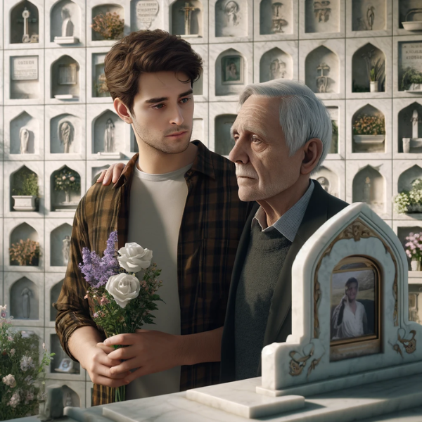 Una imagen hiperrealista de un joven, de entre 25 y 35 años, acompañando a su anciano padre. Están delante de un muro de hornacinas de un cementerio, concretamente del de Alcalá del Valle, en Cádiz. El joven sostiene flores y miran una lápida con la foto de un miembro de la familia. La escena refleja una atmósfera sombría y respetuosa, con decoraciones detalladas que indican la ubicación del cementerio. La artesanía en mármol de la lápida es exquisita y muestra diseños personalizados e intrincados. El padre anciano tiene una expresión pensativa, mientras que el joven parece solidario y reconfortante. https://www.lapidascadiz.com/