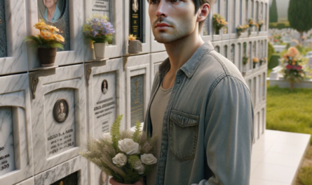 Una imagen hiperrealista de un joven de entre 25 y 35 años. El hombre está de pie frente a un muro de nichos, osarios o columbarios en el cementerio de Algeciras, Cádiz. Él sostiene flores y mira una lápida que tiene una foto de un familiar fallecido. La ambientación incluye elementos decorativos propios de este cementerio. La escena transmite un estado de ánimo sombrío y reflexivo, con atención a los detalles de la mampostería y la expresión emocional en el rostro del hombre. https://www.lapidascadiz.com/