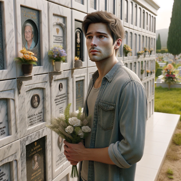 Una imagen hiperrealista de un joven de entre 25 y 35 años. El hombre está de pie frente a un muro de nichos, osarios o columbarios en el cementerio de Algeciras, Cádiz. Él sostiene flores y mira una lápida que tiene una foto de un familiar fallecido. La ambientación incluye elementos decorativos propios de este cementerio. La escena transmite un estado de ánimo sombrío y reflexivo, con atención a los detalles de la mampostería y la expresión emocional en el rostro del hombre. https://www.lapidascadiz.com/