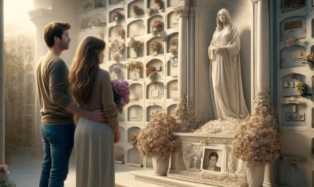 Imagen hiperrealista de un joven matrimonio de entre 35 y 40 años de pie en un cementerio de Arcos de la Frontera, Cádiz. Están mirando una pared de nichos, osarios o columbarios, con una lápida con la fotografía de un familiar fallecido. Uno de ellos sostiene flores. La escena es emotiva y sombría, con la decoración del cementerio indicando un lugar específico. La lápida está bellamente elaborada y captura la habilidad de un escultor de mármol altamente personalizado. La atmósfera refleja la artesanía excepcional y las profundas emociones encapsuladas en el trabajo del mármol. https://www.lapidascadiz.com/