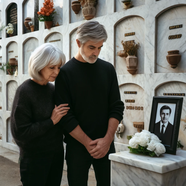 Una pareja madura de unos 50 años parada frente a una pared de nichos en un cementerio de Bornos, Cádiz. Están mirando una lápida con la foto de un familiar fallecido. Uno de ellos sostiene flores. La escena es solemne, con la pareja vestida con ropa oscura y el entorno decorado apropiadamente para un cementerio. La lápida de mármol muestra la excepcional artesanía de un hábil escultor que transforma la piedra simple en una obra de arte personalizada, capturando emociones y recuerdos profundos. https://www.lapidascadiz.com/