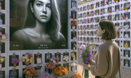 Imagen cuadrada hiperrealista de una mujer joven (entre 25 y 35 años) mirando una lápida en una pared de nichos, osarios o columbarios en el cementerio de Ceuta. La lápida presenta una fotografía de un familiar fallecido. La mujer sostiene flores en sus manos. El escenario es sereno y respetuoso, con un entorno bien mantenido y decoraciones que reflejan la artesanía única de un talentoso cantero. El ambiente es pacífico, bajo un cielo despejado, capturando las emociones y recuerdos asociados con la pérdida de un ser querido. https://www.lapidascadiz.com/