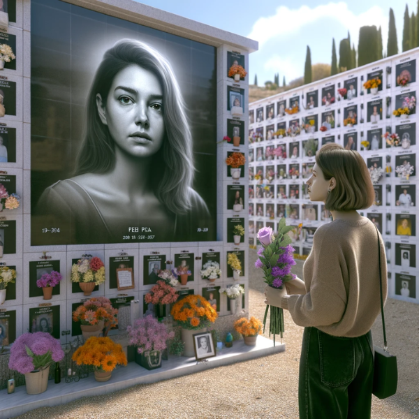 Imagen cuadrada hiperrealista de una mujer joven (entre 25 y 35 años) mirando una lápida en una pared de nichos, osarios o columbarios en el cementerio de Ceuta. La lápida presenta una fotografía de un familiar fallecido. La mujer sostiene flores en sus manos. El escenario es sereno y respetuoso, con un entorno bien mantenido y decoraciones que reflejan la artesanía única de un talentoso cantero. El ambiente es pacífico, bajo un cielo despejado, capturando las emociones y recuerdos asociados con la pérdida de un ser querido. https://www.lapidascadiz.com/