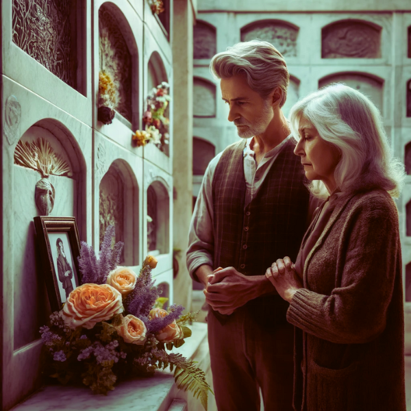 Una pareja madura de entre 55 y 60 años de pie solemnemente frente a un nicho en el cementerio de Cádiz, España. Están contemplando una lápida con la fotografía de un familiar fallecido. Uno de ellos sostiene un ramo de flores. El escenario se desarrolla en un ambiente sombrío y respetuoso, con detalladas hornacinas de mármol y decoraciones florales típicas del cementerio. Las expresiones de la pareja reflejan un profundo sentimiento de pérdida y recuerdo. https://www.lapidascadiz.com/