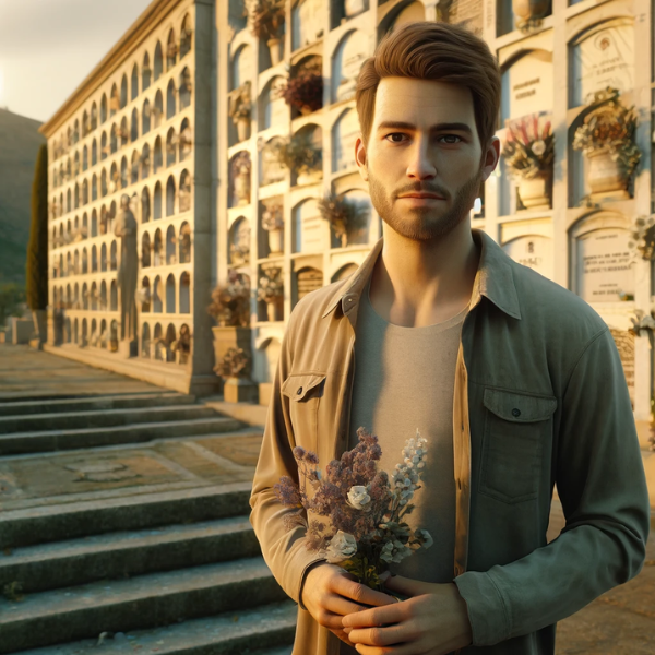 Una imagen hiperrealista de un joven de entre 25 y 35 años. Tiene el pelo corto y castaño, una barba bien recortada y viste ropa informal pero elegante. Al fondo muestra un cementerio de Castellar de la Frontera, Cádiz, con un muro de hornacinas, osarios o columbarios. El hombre está de pie de manera pacífica y contemplativa, sosteniendo un ramo de flores en sus manos. El ambiente es sereno, con la cálida luz del sol poniente proyectando suaves sombras. El escenario evoca una sensación de respeto y recuerdo. https://www.lapidascadiz.com/