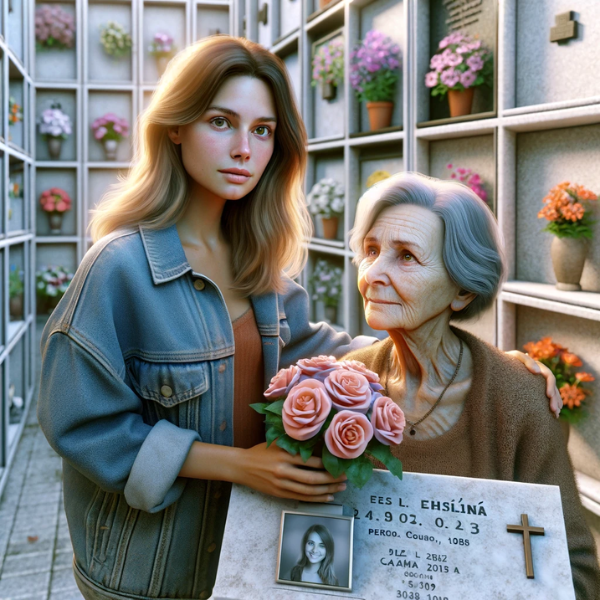 Una imagen cuadrada, hiperrealista, de una mujer joven (entre 25 y 35 años) que acompaña a su anciana madre. Se encuentran en un cementerio de Chipiona, Cádiz, frente a un muro de hornacinas con una lápida. La lápida incluye una fotografía de un familiar fallecido. La madre sostiene flores y ambos parecen tranquilos. La escena refleja un momento sereno y respetuoso, con un telón de fondo típico del cementerio, con adornos florales y un ambiente tranquilo. https://www.lapidascadiz.com/