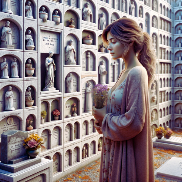 Imagen hiperrealista de una joven de entre 25 y 35 años, parada frente a un muro de hornacinas, osarios o columbarios de un cementerio. La mujer está mirando una lápida que tiene una foto de un familiar fallecido. Ella tiene una conducta pacífica y sostiene flores en sus manos. El entorno del cementerio se asemeja al de Conil de la Frontera, Cádiz. El fondo incluye decoraciones detalladas y contexto típico de este cementerio. https://www.lapidascadiz.com/