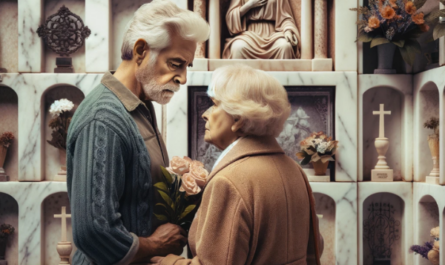 Una pareja madura de entre 55 y 60 años mirando una lápida en una pared de nichos o columbarios. La escena está ambientada en el cementerio de Espera, Cádiz, con detallada decoración típica de la zona. Uno de ellos sostiene flores. La pareja parece estar en un estado de paz, presentando sus respetos a un familiar fallecido cuya foto está en la lápida. El ambiente general es sombrío pero sereno, y la lápida es una obra de arte en mármol bellamente elaborada, que muestra la habilidad de un cantero especializado. https://www.lapidascadiz.com/