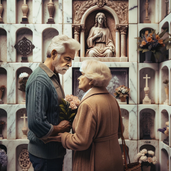 Una pareja madura de entre 55 y 60 años mirando una lápida en una pared de nichos o columbarios. La escena está ambientada en el cementerio de Espera, Cádiz, con detallada decoración típica de la zona. Uno de ellos sostiene flores. La pareja parece estar en un estado de paz, presentando sus respetos a un familiar fallecido cuya foto está en la lápida. El ambiente general es sombrío pero sereno, y la lápida es una obra de arte en mármol bellamente elaborada, que muestra la habilidad de un cantero especializado. https://www.lapidascadiz.com/