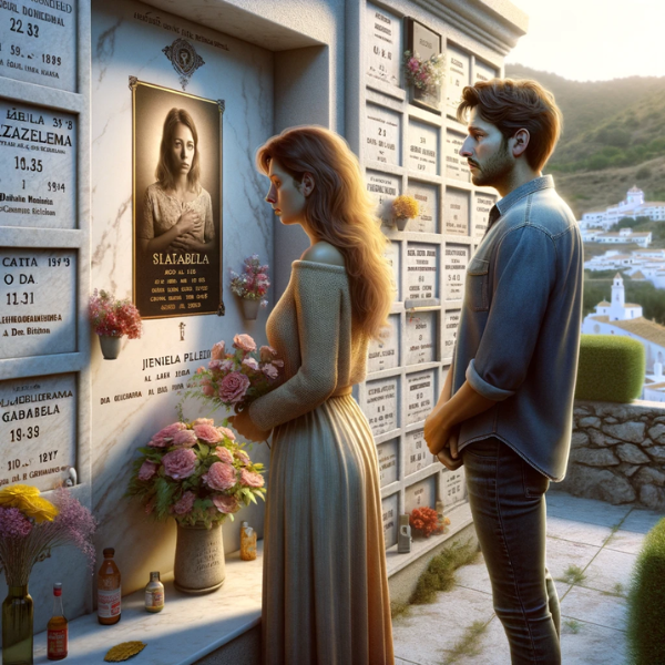 Imagen hiperrealista de un matrimonio joven, de entre 35 y 40 años, frente a una hornacina con placas conmemorativas en un cementerio de Grazalema, Cádiz. La pareja mira una lápida con una fotografía de un familiar fallecido. Uno de ellos sostiene flores. La escena es solemne, con detalles que indican que se encuentran en un cementerio, como nombres y fechas grabados en la lápida. El fondo incluye el entorno pintoresco típico de Grazalema, con elementos como muros de piedra y vegetación. El ambiente es reflexivo y respetuoso. https://www.lapidascadiz.com/