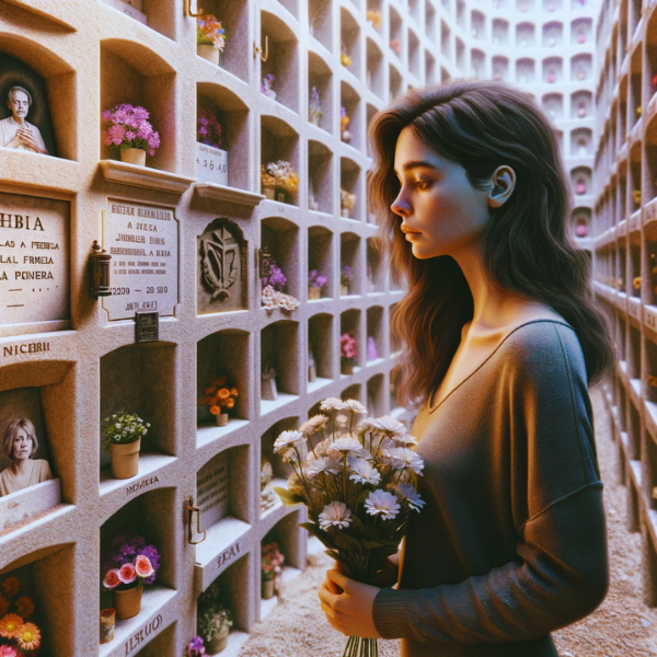 Imagen hiperrealista de una mujer joven, de entre 25 y 35 años, parada frente a un muro de hornacinas o columbarios en un cementerio. Ella sostiene flores y mira una lápida que tiene una foto de un familiar fallecido. La escena está decorada de forma que sugiere que se trata del cementerio de Jerez de la Frontera en Cádiz. El fondo incluye el muro de piedra con múltiples nichos, cada uno marcado con una placa. La atmósfera es solemne y reflexiva, capturando la esencia emocional del momento. https://www.lapidascadiz.com/