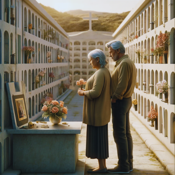 Imagen cuadrada e hiperrealista de una pareja madura de entre 55 y 60 años contemplando una lápida en un cementerio. La lápida forma parte de un muro de nichos o columbarios y tiene una fotografía de un familiar. Uno de ellos sostiene flores. La escena sugiere que se encuentran en el cementerio de La Línea de la Concepción en Cádiz, España. El fondo debe mostrar los nichos y un entorno sereno de cementerio. El ambiente es sombrío y reflexivo, capturando las emociones de recuerdo y duelo. https://www.lapidascadiz.com/