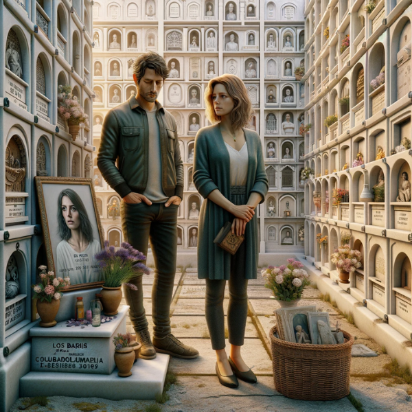 Imagen hiperrealista de una pareja joven de entre 35 y 40 años, de pie frente a un muro de hornacinas, osarios o columbarios de un cementerio. El escenario es Los Barrios, Cádiz, con un ambiente sombrío y respetuoso. La pareja mira una lápida con una fotografía de un familiar fallecido. Uno de ellos sostiene flores. La artesanía de la lápida es detallada, centrándose en la calidad artesanal y personalizada, capturando las emociones y los recuerdos del difunto. El fondo incluye decoraciones de cementerio típicas de la región. https://www.lapidascadiz.com/