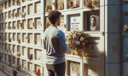 Imagen vertical hiperrealista de un joven (entre 25 y 35 años) mirando una lápida en una pared de hornacinas en el Cementerio de Melilla. La lápida presenta una fotografía de un familiar fallecido. El joven sostiene un ramo de flores en sus manos. El escenario es solemne y respetuoso, con paredes bien mantenidas y decoraciones florales que indican el entorno del cementerio. El ambiente es tranquilo, con un cielo despejado y una luz suave. https://www.lapidascadiz.com/