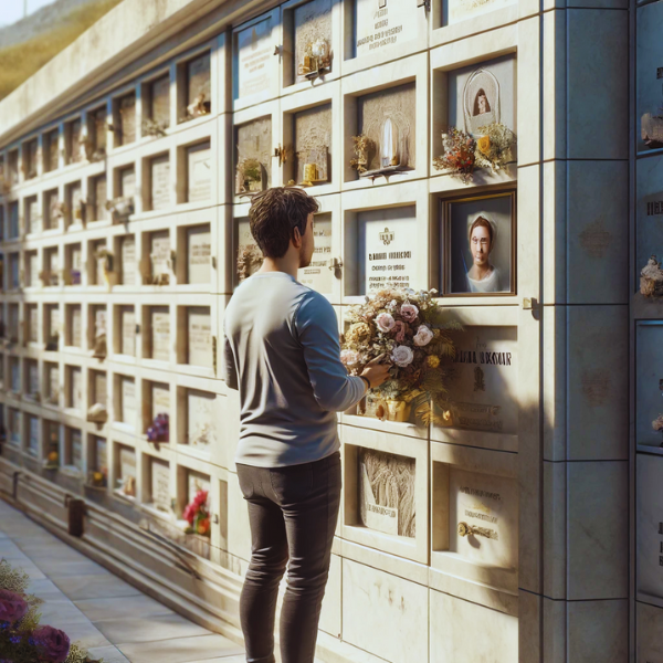 Imagen vertical hiperrealista de un joven (entre 25 y 35 años) mirando una lápida en una pared de hornacinas en el Cementerio de Melilla. La lápida presenta una fotografía de un familiar fallecido. El joven sostiene un ramo de flores en sus manos. El escenario es solemne y respetuoso, con paredes bien mantenidas y decoraciones florales que indican el entorno del cementerio. El ambiente es tranquilo, con un cielo despejado y una luz suave. https://www.lapidascadiz.com/