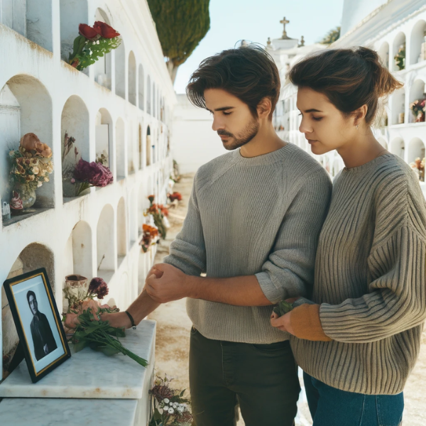 Una pareja joven de entre 35 y 40 años parada frente a una pared de nichos en un cementerio. Miran solemnemente una lápida con la fotografía de un familiar. Uno de ellos sostiene flores. La escena está ambientada en el cementerio de Olvera, Cádiz, con paredes encaladas, arquitectura típica de cementerio español y un ambiente sereno y respetuoso. https://www.lapidascadiz.com/