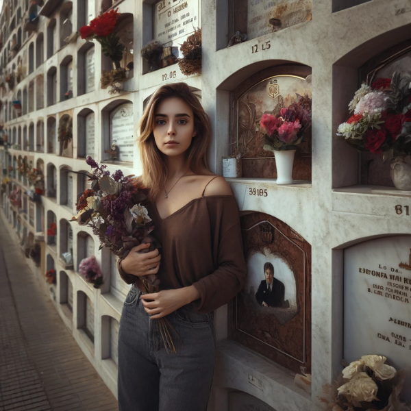 Una joven de entre 25 y 35 años parada frente a una hornacina en un cementerio de Paterna de Rivera, Cádiz. La escena es sombría y respetuosa, con la mujer sosteniendo un ramo de flores en sus manos. La pared del nicho tiene varias placas y fotografías, una de las cuales muestra de manera destacada la fotografía de un ser querido fallecido. El entorno del cementerio es tranquilo, con un entorno bien mantenido y una atmósfera solemne. El ambiente general es de reflexión y recuerdo, capturando la esencia de honrar la memoria de un ser querido. https://www.lapidascadiz.com/