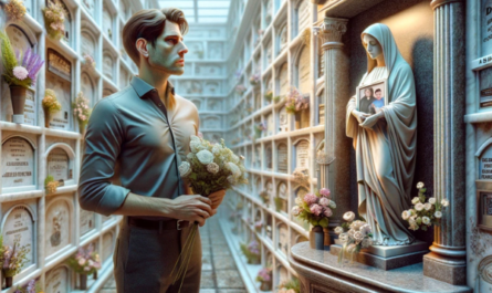 Imagen hiperrealista de un joven de entre 25 y 35 años de pie frente a un muro de hornacinas, osarios o columbarios de un cementerio. Sostiene un ramo de flores y mira una lápida que tiene una fotografía de un familiar fallecido. El cementerio está decorado y ambientado en Prado del Rey, Cádiz. La imagen captura el ambiente sombrío y respetuoso de la escena, con atención detallada al fondo y las expresiones del rostro del joven. La obra de arte de la lápida está meticulosamente elaborada y refleja la habilidad de un escultor de mármol excepcional que crea piezas personalizadas y profundamente personalizadas. https://www.lapidascadiz.com/