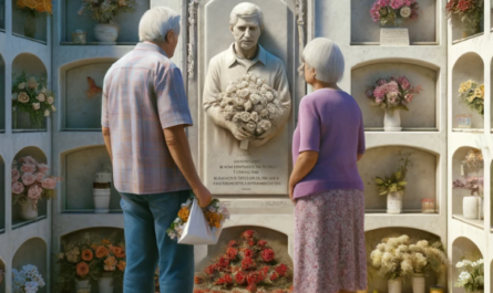 Imagen cuadrada hiperrealista de una pareja madura (de 55 a 60 años) mirando una lápida en una pared de nichos en el cementerio de Puerto Real, Cádiz. La lápida presenta una fotografía de un familiar fallecido. Uno de ellos sostiene un ramo de flores. El entorno es sereno, con paredes bien mantenidas, flores y otros homenajes alrededor, lo que refleja una atmósfera respetuosa y pacífica. La escena enfatiza la artesanía y el arte en la creación de la lápida, mostrando un trabajo de mármol detallado y personalizado. https://www.lapidascadiz.com/