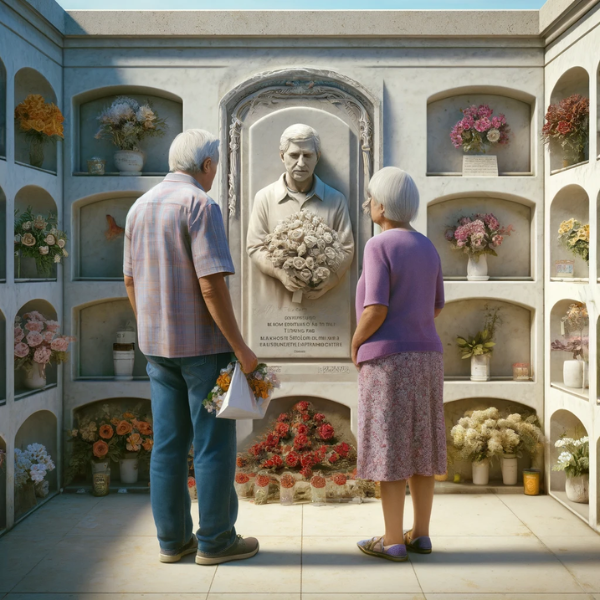 Imagen cuadrada hiperrealista de una pareja madura (de 55 a 60 años) mirando una lápida en una pared de nichos en el cementerio de Puerto Real, Cádiz. La lápida presenta una fotografía de un familiar fallecido. Uno de ellos sostiene un ramo de flores. El entorno es sereno, con paredes bien mantenidas, flores y otros homenajes alrededor, lo que refleja una atmósfera respetuosa y pacífica. La escena enfatiza la artesanía y el arte en la creación de la lápida, mostrando un trabajo de mármol detallado y personalizado. https://www.lapidascadiz.com/