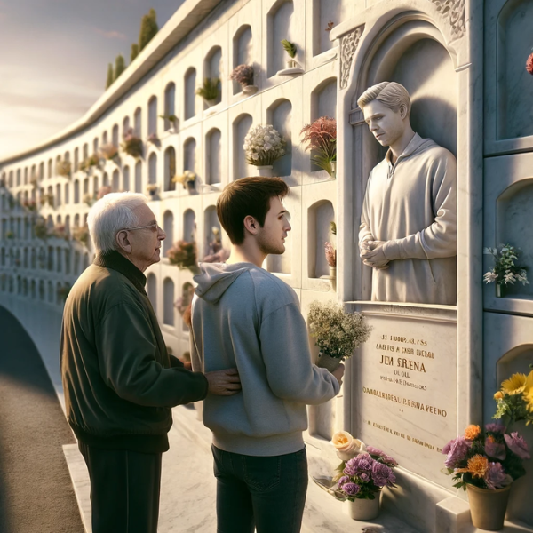 Una imagen cuadrada hiperrealista que muestra a un joven (de entre 25 y 35 años) acompañando a su anciano padre mientras miran una lápida en una pared de nichos en el cementerio de Puerto Serrano, Cádiz. La lápida presenta una fotografía de un familiar fallecido. El joven sostiene flores en sus manos. El entorno es sereno y respetuoso, con paredes bien mantenidas, flores y un ambiente tranquilo. La artesanía de la lápida refleja el trabajo de un escultor de mármol altamente calificado y dedicado que se especializa en crear monumentos conmemorativos personalizados y emocionalmente resonantes. https://www.lapidascadiz.com/