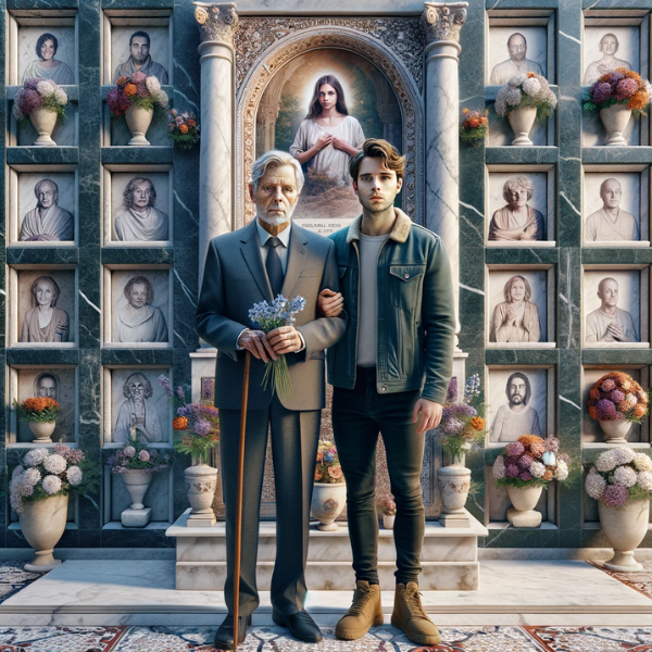 Una imagen cuadrada hiperrealista de un joven acompañando a su anciano padre en un cementerio. Están parados frente a una pared de nichos, osarios o columbarios. En la pared hay una lápida con una fotografía de un familiar fallecido. El joven sostiene flores y ambos parecen sombríos. El entorno del cementerio está decorado y recuerda a Rota, Cádiz. El fondo incluye elementos tradicionales de un cementerio con lápidas de mármol, creando una atmósfera de respeto y recuerdo. https://www.lapidascadiz.com/