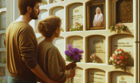 Una pareja joven de entre 35 y 40 años parada frente a un nicho con lápidas y sosteniendo flores. Se encuentran en el cementerio de San Fernando de Cádiz, en un ambiente solemne. En la pared del nicho hay una foto de un familiar fallecido y la pareja la está mirando. La escena es hiperrealista y captura el momento emotivo mientras recuerdan a su ser querido. La ambientación incluye elementos decorativos propios del cementerio, como tallas en piedra y un ambiente de tranquilidad y respeto. https://www.lapidascadiz.com/