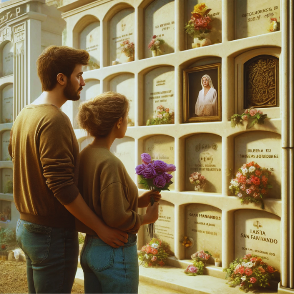 Una pareja joven de entre 35 y 40 años parada frente a un nicho con lápidas y sosteniendo flores. Se encuentran en el cementerio de San Fernando de Cádiz, en un ambiente solemne. En la pared del nicho hay una foto de un familiar fallecido y la pareja la está mirando. La escena es hiperrealista y captura el momento emotivo mientras recuerdan a su ser querido. La ambientación incluye elementos decorativos propios del cementerio, como tallas en piedra y un ambiente de tranquilidad y respeto. https://www.lapidascadiz.com/