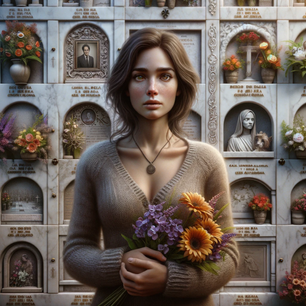 Una imagen hiperrealista de una joven de entre 25 y 35 años. Está parada frente a una hornacina en el cementerio de San Pablo de Buceite, Cádiz. La pared del nicho está adornada con flores y diversas decoraciones, y en una de las placas hay una imagen de un familiar fallecido. La mujer sostiene un ramo de flores en sus manos, luciendo solemne y reflexiva. La atmósfera es serena y captura un momento de profundo recuerdo y honor. https://www.lapidascadiz.com/