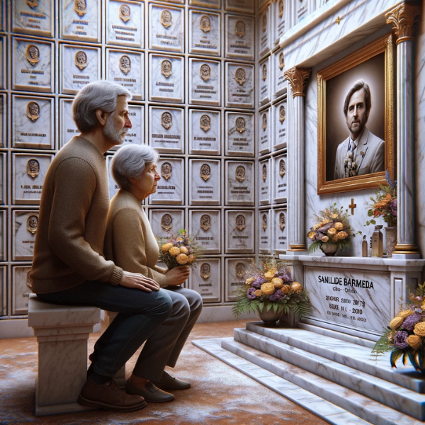 Imagen hiperrealista de una pareja madura de entre 55 y 60 años contemplando una lápida en una pared de hornacinas, osarios o columbarios, con la foto de un familiar fallecido. Uno de ellos sostiene flores. El escenario es claramente el cementerio de Sanlúcar de Barrameda, Cádiz. La escena captura una atmósfera sombría y respetuosa con decoraciones detalladas y un contexto que indica que se encuentran en el cementerio. La lápida refleja la artesanía excepcional de un hábil cantero, enfatizando un diseño personalizado y emocionalmente evocador, con detalles intrincados que resaltan la capacidad única del artesano para dar vida a conceptos abstractos a través del mármol. https://www.lapidascadiz.com/