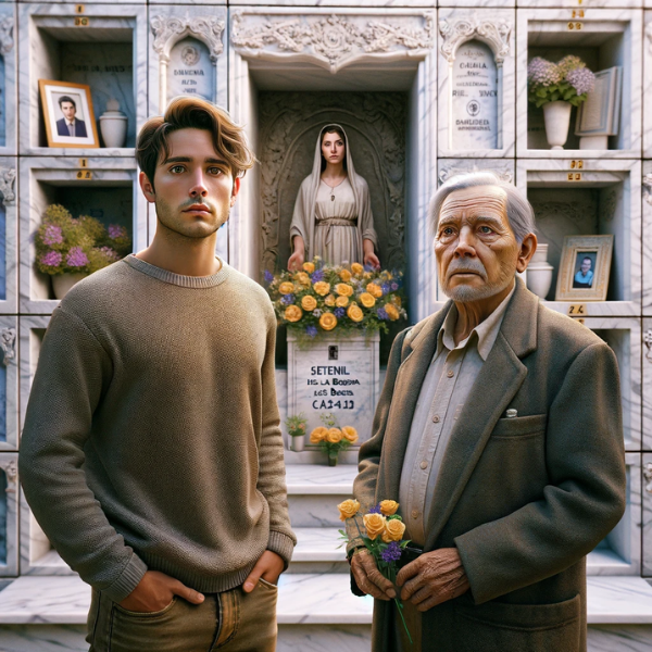 Imagen hiperrealista de un joven, de entre 25 y 35 años, acompañando a su anciano padre, en un cementerio de Setenil de las Bodegas, Cádiz. Están parados frente a una pared de nichos con una lápida que tiene una foto de un familiar fallecido. Uno de ellos sostiene flores. La escena del cementerio muestra un entorno realista con trabajos detallados en mármol, que capturan las emociones del momento e incluye elementos del arte y la arquitectura funerarios españoles. https://www.lapidascadiz.com/