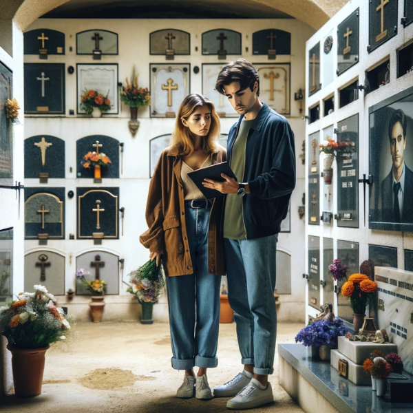 Imagen hiperrealista de una pareja joven, de entre 35 y 40 años, ante un muro de hornacinas, osarios o columbarios en un cementerio de Tarifa, Cádiz. Están mirando una lápida con la foto de un familiar fallecido. Uno de ellos sostiene flores. La escena está ambientada en un cementerio con arte funerario típico, mostrando el trabajo detallado y personalizado de un experto escultor de mármol. Los alrededores incluyen elementos de mármol que han sido intrincadamente tallados para evocar recuerdos y emociones. https://www.lapidascadiz.com/