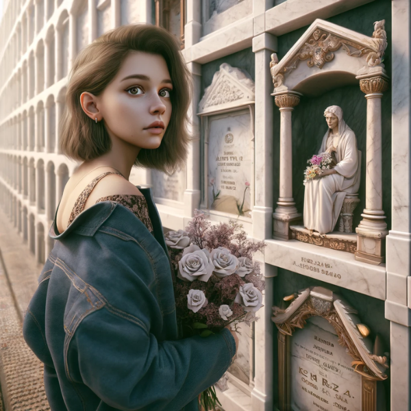 Una imagen hiperrealista de una joven de entre 25 y 35 años. Está parada frente a un muro de nichos en un cementerio de Torre - Alhaquime, Cádiz, sosteniendo flores. El nicho tiene una fotografía de un familiar fallecido y está adornado con elementos que reflejan el arte de un hábil artesano del mármol. La escena es sombría, con la mujer mirando pensativamente el nicho, transmitiendo un profundo sentimiento de pérdida y recuerdo. https://www.lapidascadiz.com/