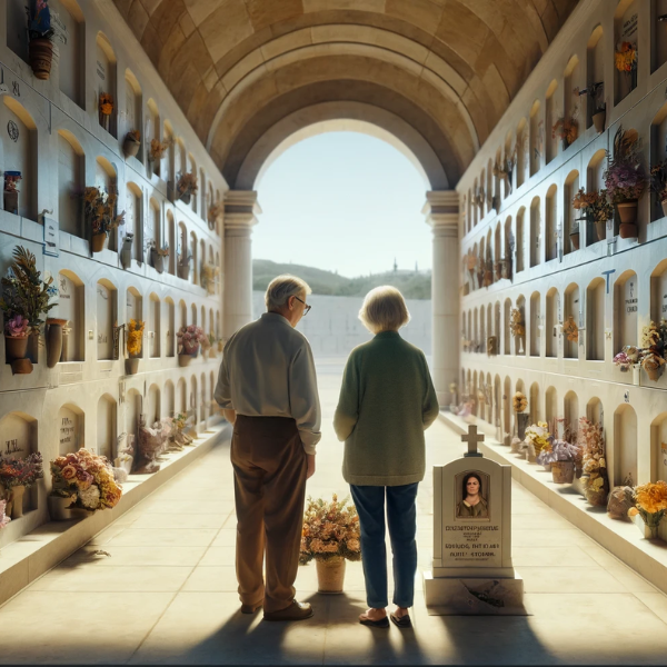 Una imagen cuadrada hiperrealista que muestra a una pareja madura (de entre 55 y 60 años) mirando una lápida en una pared de nichos en el cementerio de Villamartín, Cádiz. La lápida tiene una fotografía de un familiar fallecido. Uno de ellos sostiene un ramo de flores. El escenario es sereno y respetuoso, con paredes bien mantenidas y decoraciones típicas del cementerio. La pareja permanece unida, reflexionando sobre el recuerdo de su ser querido, en un ambiente lleno de emoción y reverencia. https://www.lapidascadiz.com/