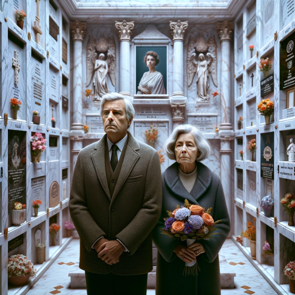 Una imagen cuadrada hiperrealista de una pareja madura, de entre 55 y 60 años, de pie solemnemente frente a una hornacina en un cementerio de Algar, Cádiz. La pareja mira una lápida con una fotografía de un familiar fallecido. Uno de ellos sostiene flores. El entorno sugiere que se encuentran en un cementerio con decoraciones detalladas y una lápida de mármol. La atmósfera es sombría y refleja el momento emotivo. La artesanía de la lápida es excepcionalmente detallada, lo que indica el trabajo de un hábil artesano del mármol. https://www.lapidascadiz.com/