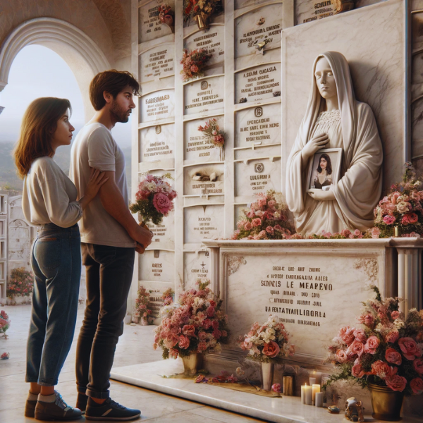 Imagen hiperrealista de un joven matrimonio de entre 35 y 40 años de pie en un cementerio de Arcos de la Frontera, Cádiz. Están mirando una pared de nichos, osarios o columbarios, con una lápida con la fotografía de un familiar fallecido. Uno de ellos sostiene flores. La escena es emotiva y sombría, con la decoración del cementerio indicando un lugar específico. La lápida está bellamente elaborada y captura la habilidad de un escultor de mármol altamente personalizado. La atmósfera refleja la artesanía excepcional y las profundas emociones encapsuladas en el trabajo del mármol. https://www.lapidascadiz.com/