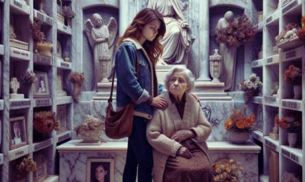 Una joven acompañando a su anciana madre en el cementerio de Barbate, Cádiz. La escena se desarrolla frente a un muro de nichos con una lápida que tiene una fotografía de un familiar fallecido. Uno de ellos sostiene un ramo de flores. El ambiente es solemne con decoraciones que indican que se encuentran en un cementerio. La madre parece frágil pero apoyada por su hija, que parece triste pero reconfortante. La lápida y sus alrededores exhiben una artesanía de mármol realista y detallada, que refleja el trabajo de un hábil artesano. https://www.lapidascadiz.com/