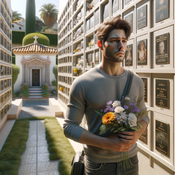 Imagen hiperrealista de un joven de entre 25 y 35 años, de pie delante de un muro de columbario en un cementerio de Benalup - Casas Viejas, Cádiz. El muro del columbario tiene hornacinas con placas y fotografías. El joven sostiene flores, con una expresión sombría, presentando sus respetos a un familiar fallecido. La escena es tranquila, con un entorno de cementerio bien mantenido, que incluye algo de vegetación y elementos arquitectónicos tradicionales españoles al fondo. https://www.lapidascadiz.com/