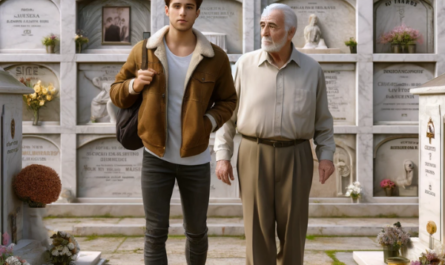 Una imagen hiperrealista de un joven acompañando a su anciano padre en un cementerio. Están parados frente a una pared de nichos con lápidas. El joven tiene veintitantos años y el anciano padre tiene poco más de setenta años. Uno de ellos sostiene flores. La escena está ambientada en el cementerio de Benaocaz, Cádiz, con un detallado trabajo de mármol en las lápidas, que muestra la habilidad de un maestro cantero. El fondo incluye una fotografía de un familiar fallecido en una de las lápidas. El escenario es sombrío y respetuoso, capturando las emociones del momento. https://www.lapidascadiz.com/