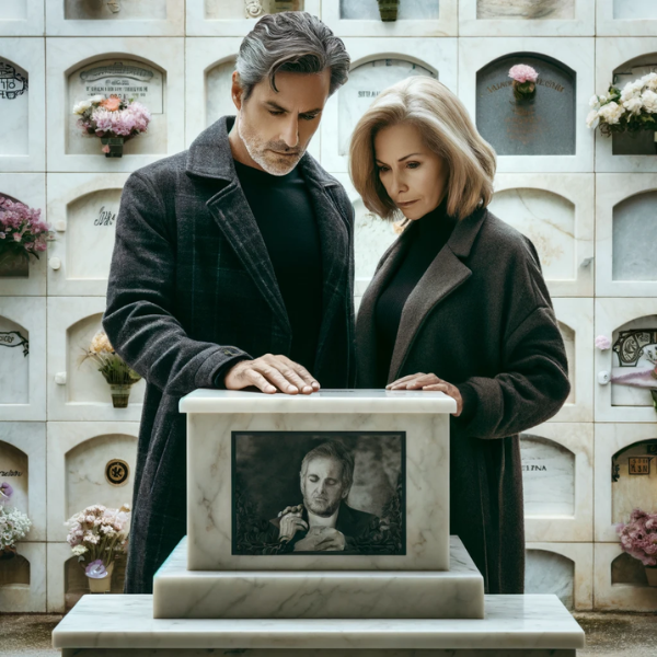 Una pareja madura de unos 50 años parada frente a una pared de nichos en un cementerio de Bornos, Cádiz. Están mirando una lápida con la foto de un familiar fallecido. Uno de ellos sostiene flores. La escena es solemne, con la pareja vestida con ropa oscura y el entorno decorado apropiadamente para un cementerio. La lápida de mármol muestra la excepcional artesanía de un hábil escultor que transforma la piedra simple en una obra de arte personalizada, capturando emociones y recuerdos profundos. https://www.lapidascadiz.com/