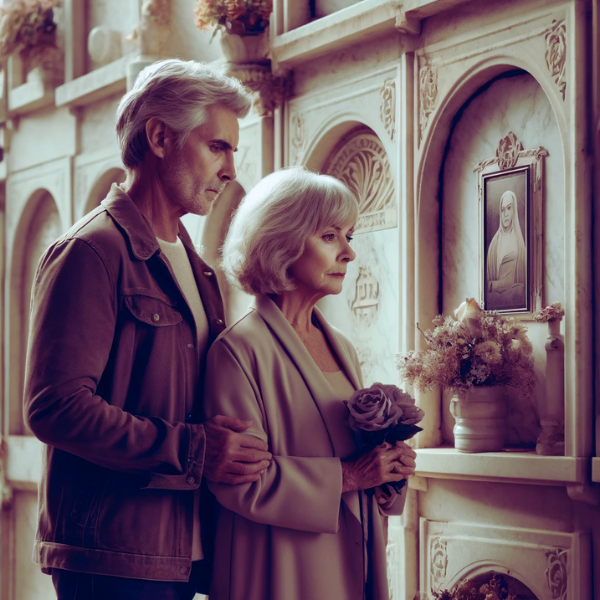 Una pareja madura de entre 55 y 60 años de pie solemnemente frente a un nicho en el cementerio de Cádiz, España. Están contemplando una lápida con la fotografía de un familiar fallecido. Uno de ellos sostiene un ramo de flores. El escenario se desarrolla en un ambiente sombrío y respetuoso, con detalladas hornacinas de mármol y decoraciones florales típicas del cementerio. Las expresiones de la pareja reflejan un profundo sentimiento de pérdida y recuerdo. https://www.lapidascadiz.com/