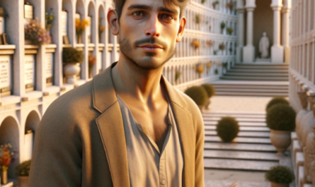 Una imagen hiperrealista de un joven de entre 25 y 35 años. Tiene el pelo corto y castaño, una barba bien recortada y viste ropa informal pero elegante. Al fondo muestra un cementerio de Castellar de la Frontera, Cádiz, con un muro de hornacinas, osarios o columbarios. El hombre está de pie de manera pacífica y contemplativa, sosteniendo un ramo de flores en sus manos. El ambiente es sereno, con la cálida luz del sol poniente proyectando suaves sombras. El escenario evoca una sensación de respeto y recuerdo. https://www.lapidascadiz.com/