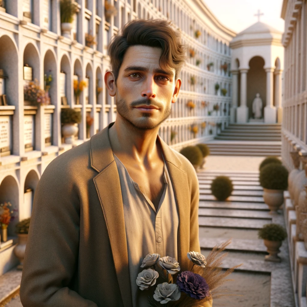 Una imagen hiperrealista de un joven de entre 25 y 35 años. Tiene el pelo corto y castaño, una barba bien recortada y viste ropa informal pero elegante. Al fondo muestra un cementerio de Castellar de la Frontera, Cádiz, con un muro de hornacinas, osarios o columbarios. El hombre está de pie de manera pacífica y contemplativa, sosteniendo un ramo de flores en sus manos. El ambiente es sereno, con la cálida luz del sol poniente proyectando suaves sombras. El escenario evoca una sensación de respeto y recuerdo. https://www.lapidascadiz.com/