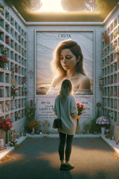 Imagen cuadrada hiperrealista de una mujer joven (entre 25 y 35 años) mirando una lápida en una pared de nichos, osarios o columbarios en el cementerio de Ceuta. La lápida presenta una fotografía de un familiar fallecido. La mujer sostiene flores en sus manos. El escenario es sereno y respetuoso, con un entorno bien mantenido y decoraciones que reflejan la artesanía única de un talentoso cantero. El ambiente es pacífico, bajo un cielo despejado, capturando las emociones y recuerdos asociados con la pérdida de un ser querido. https://www.lapidascadiz.com/