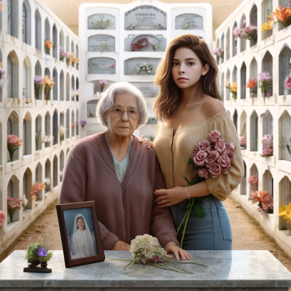 Una imagen cuadrada, hiperrealista, de una mujer joven (entre 25 y 35 años) que acompaña a su anciana madre. Se encuentran en un cementerio de Chipiona, Cádiz, frente a un muro de hornacinas con una lápida. La lápida incluye una fotografía de un familiar fallecido. La madre sostiene flores y ambos parecen tranquilos. La escena refleja un momento sereno y respetuoso, con un telón de fondo típico del cementerio, con adornos florales y un ambiente tranquilo. https://www.lapidascadiz.com/